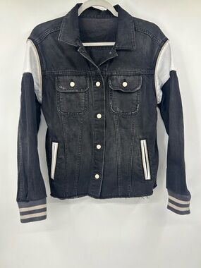 All Saints Women’s Black Vintage Baseball Denim Jacket Leather Panels Size 10